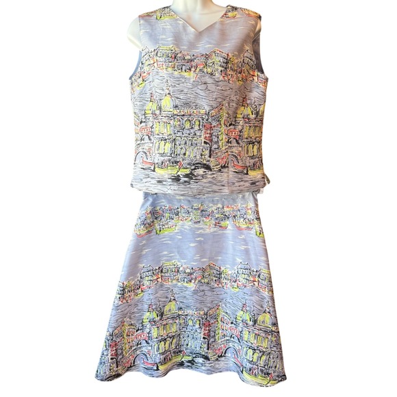 JW (JUNCTION WEST) 100% Silk Cityscape Skirt‎ Blouse 2-Piece Set Multicolor Sz 6 - Picture 1 of 7